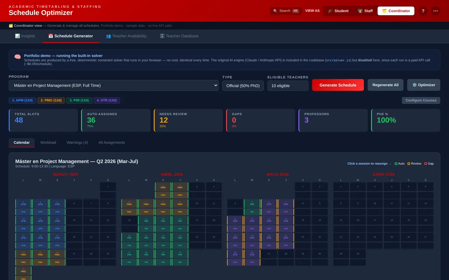 The timetabling coordinator view: a term calendar with assignments marked auto, review or gap.